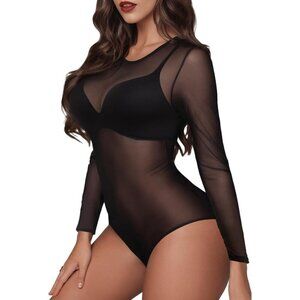 Women Black Long Sleeve Mesh Sheer Top Round Neck Jumpsuit Snap Crotch Bodysuit